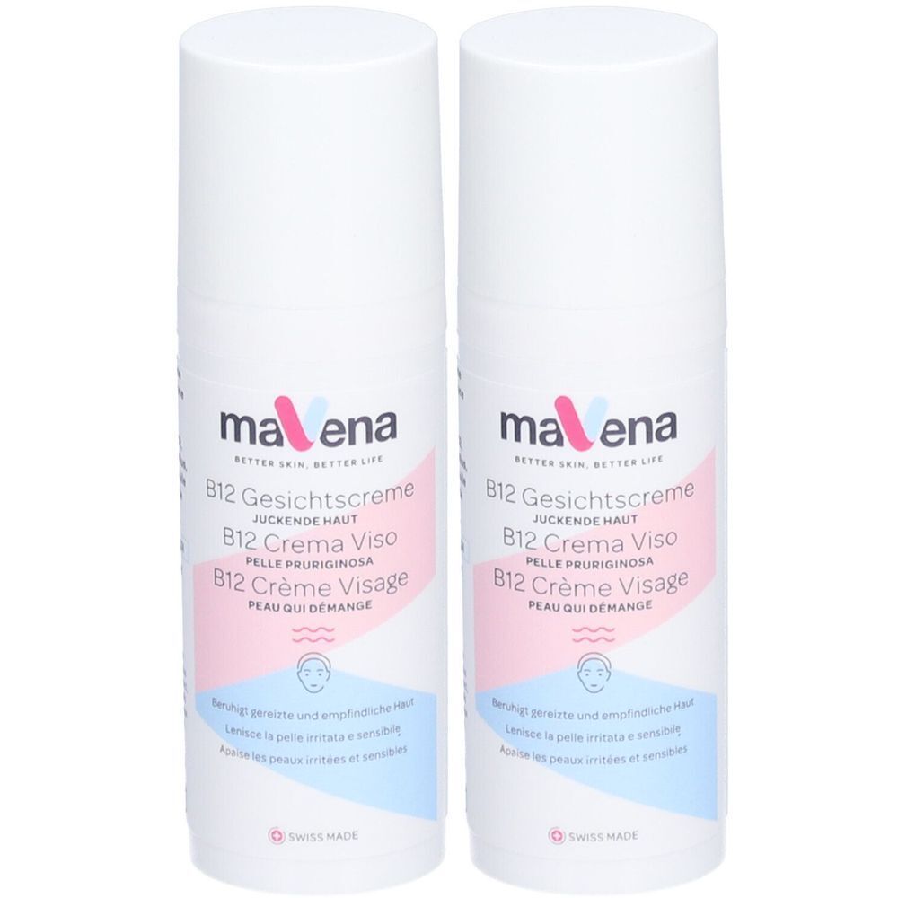 Twee witte flacons met roze en blauwe labels. Opschrift: mavena B12 Crème Visage, voor jeukende huid.