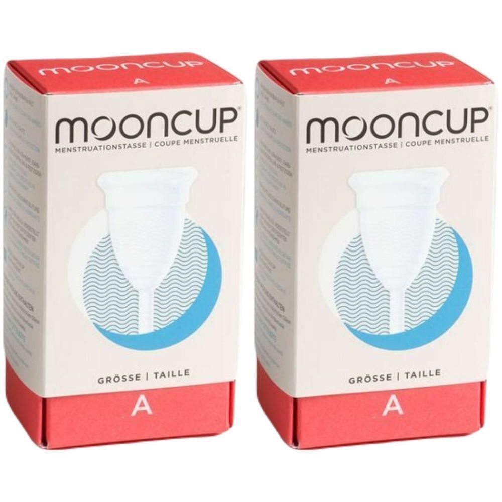 Deux boîtes de Mooncup. Inscription : Mooncup, coupe menstruelle, taille A. Fond blanc, détails bleus et rouges.