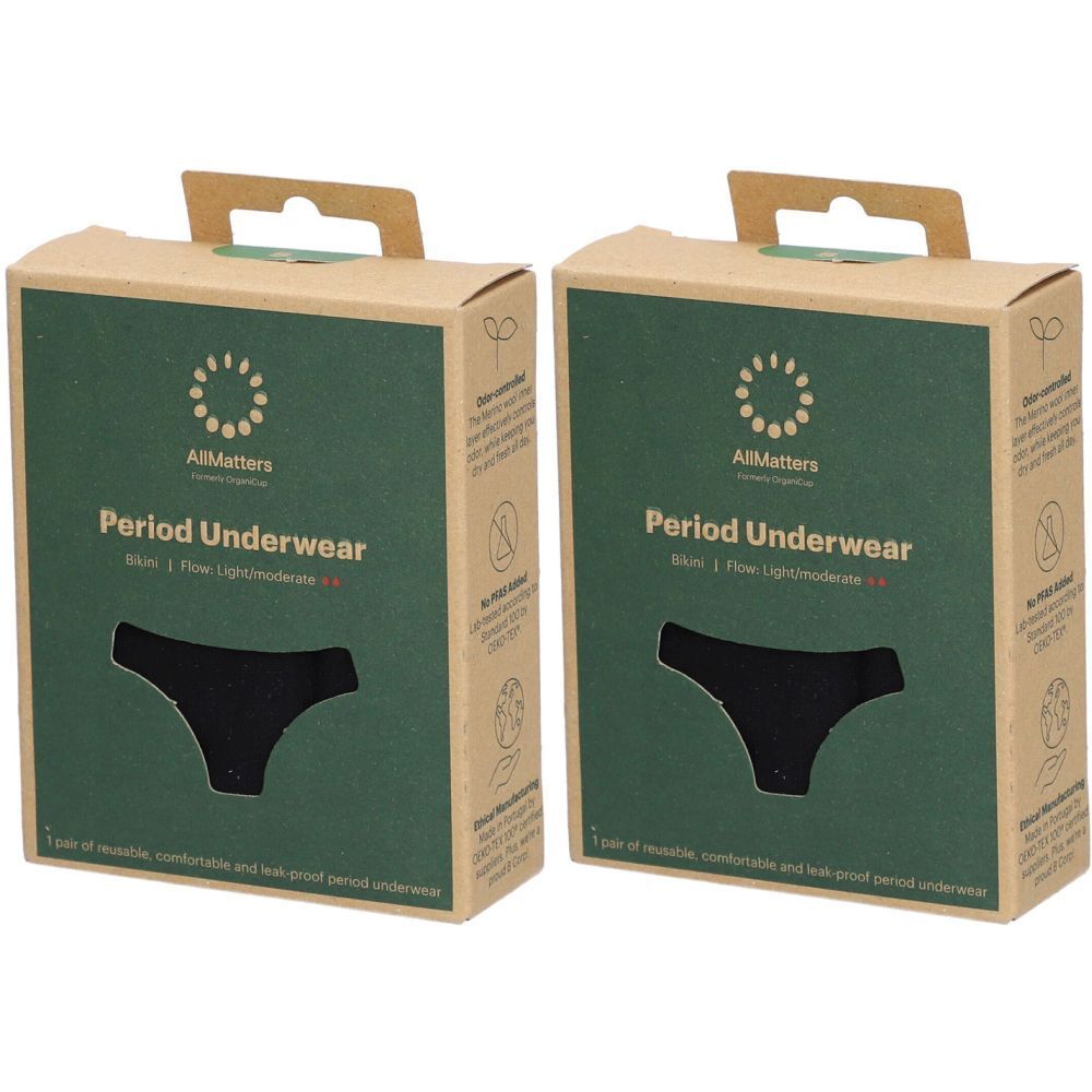 Twee dozen menstruatieondergoed. Opschrift: AllMatters, Period Underwear. Zwart ondergoed afgebeeld. Dozen van karton.