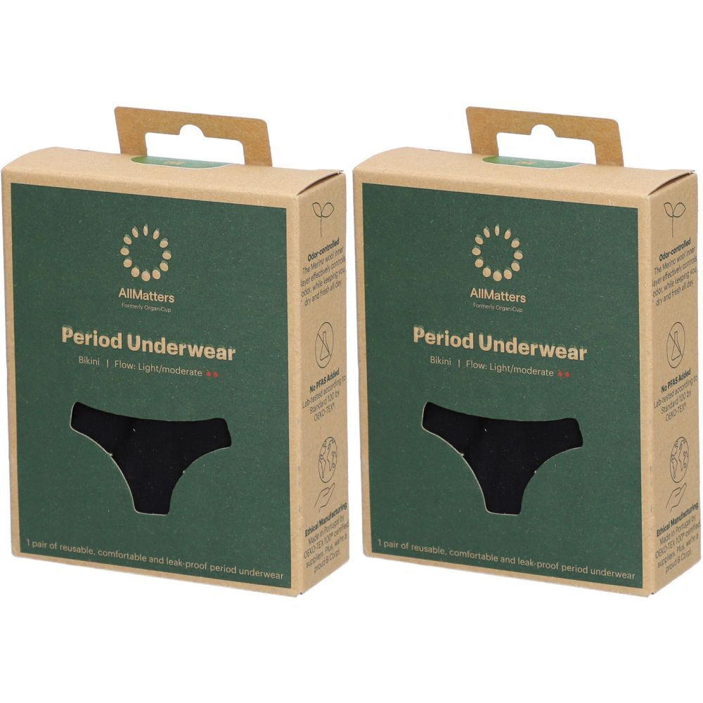 Deux boîtes de sous-vêtements périodiques. Inscription : AllMatters, sous-vêtements périodiques, léger/modéré. Sous-vêtements noirs représentés.