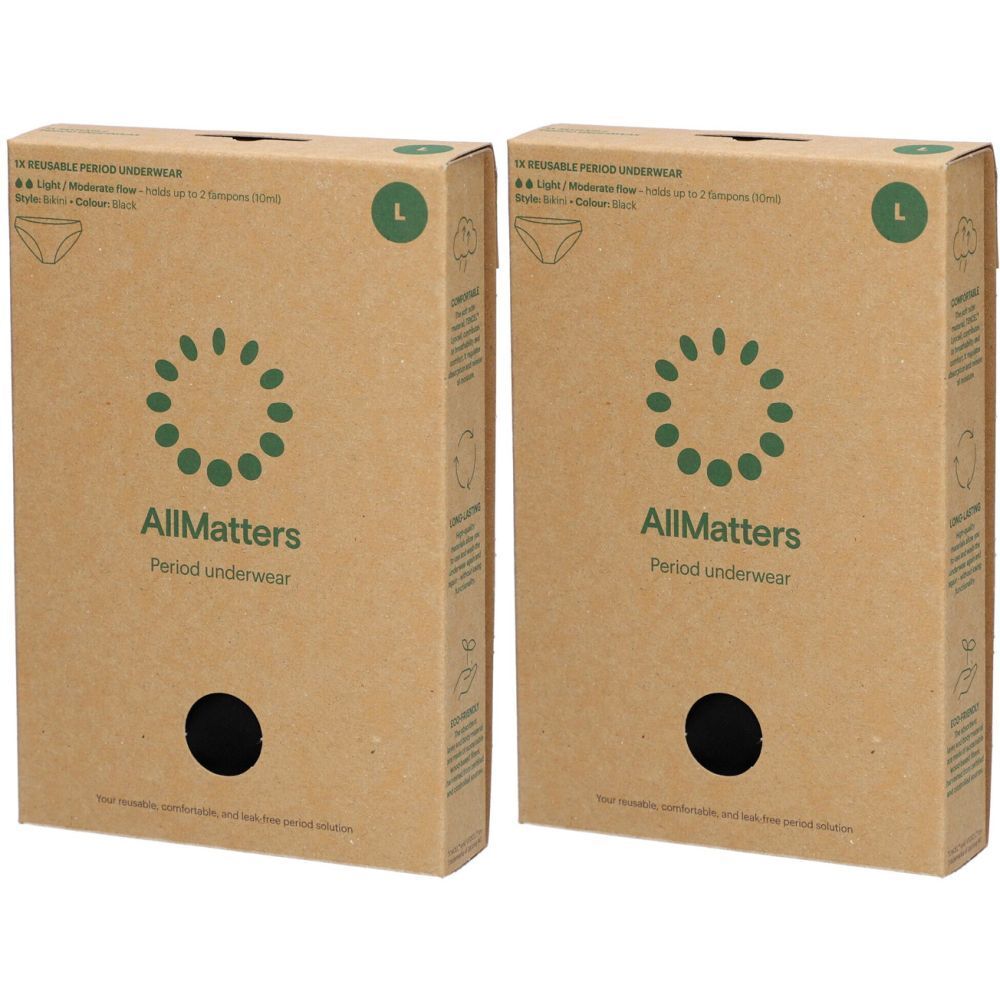 Twee dozen AllMatters menstruatieondergoed. Maat L, bruine verpakking met groen logo en productillustratie.