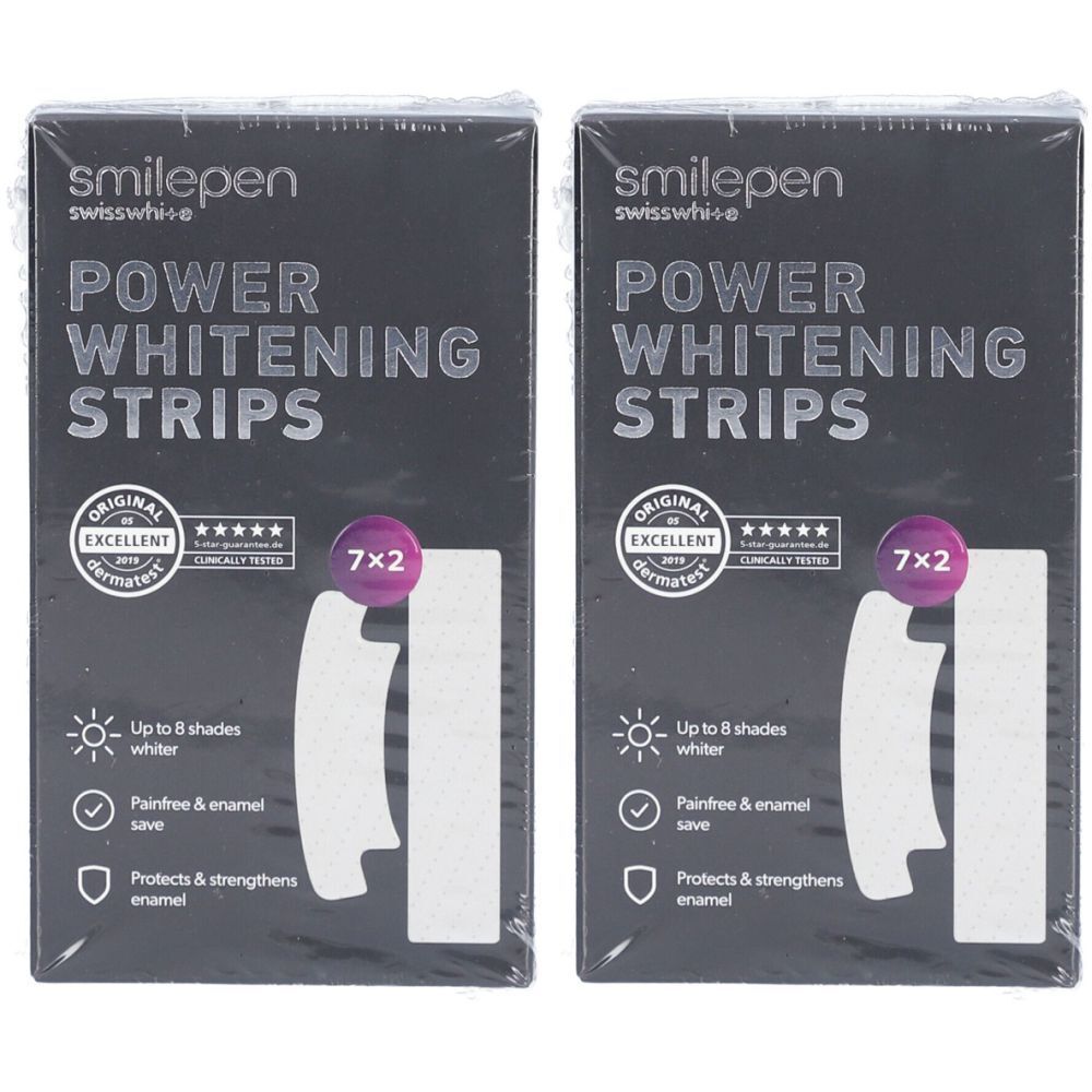 Deux boîtes de SMILEPEN Power Whitening Strips. Emballage noir avec nom et logos du produit. Contient 7x2 bandes.