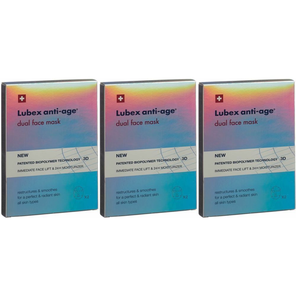 Drie dozen LUBEX anti-age® Dual face mask. Elke doos toont het logo met het Zwitserse kruis en productinformatie.