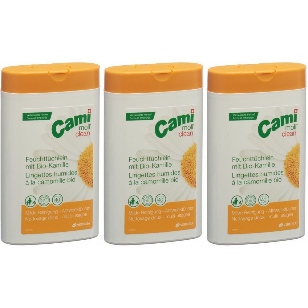 Drie witte containers met oranje deksels. Opschrift: Cami, vochtige doekjes met bio-kamille. Afbeelding van een kamillebloem.