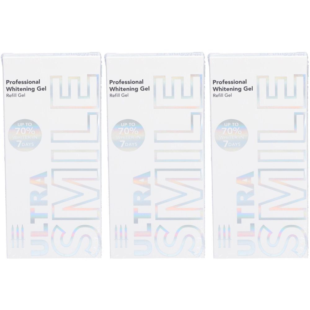 Drie witte dozen met productopdruk. Opschrift: Professional Whitening Gel, ULTRA SMILE, tot 70%.