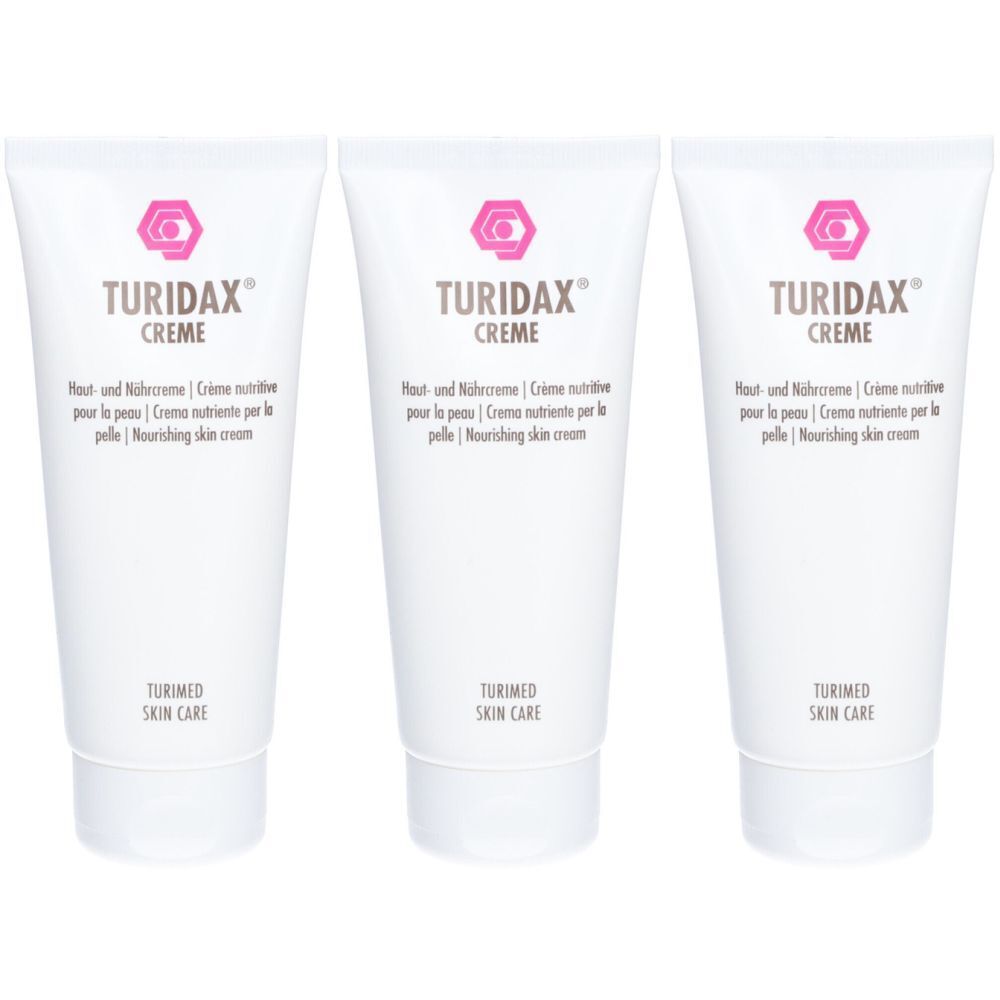 Drie witte tubes met roze logo en tekst TURIDAX CREME. Tekst: Huid- en voedende crème, Nourishing skin cream. TURIMED SKIN CARE.