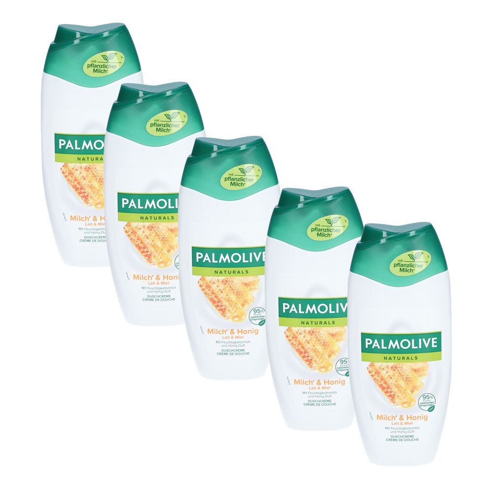 Vijf flessen douchegel. Wit flesontwerp met groene dop. Opschrift: PALMOLIVE Naturals Melk & Honing. Honingraat illustratie.