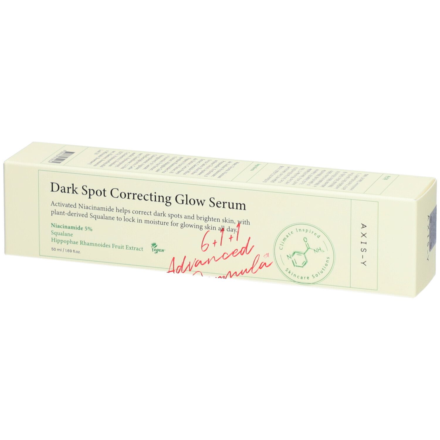 Beige productverpakking met tekst. Opschrift: Dark Spot Correcting Glow Serum. Merk: AXIS-Y. Bevat informatie over ingrediënten en certificeringen.