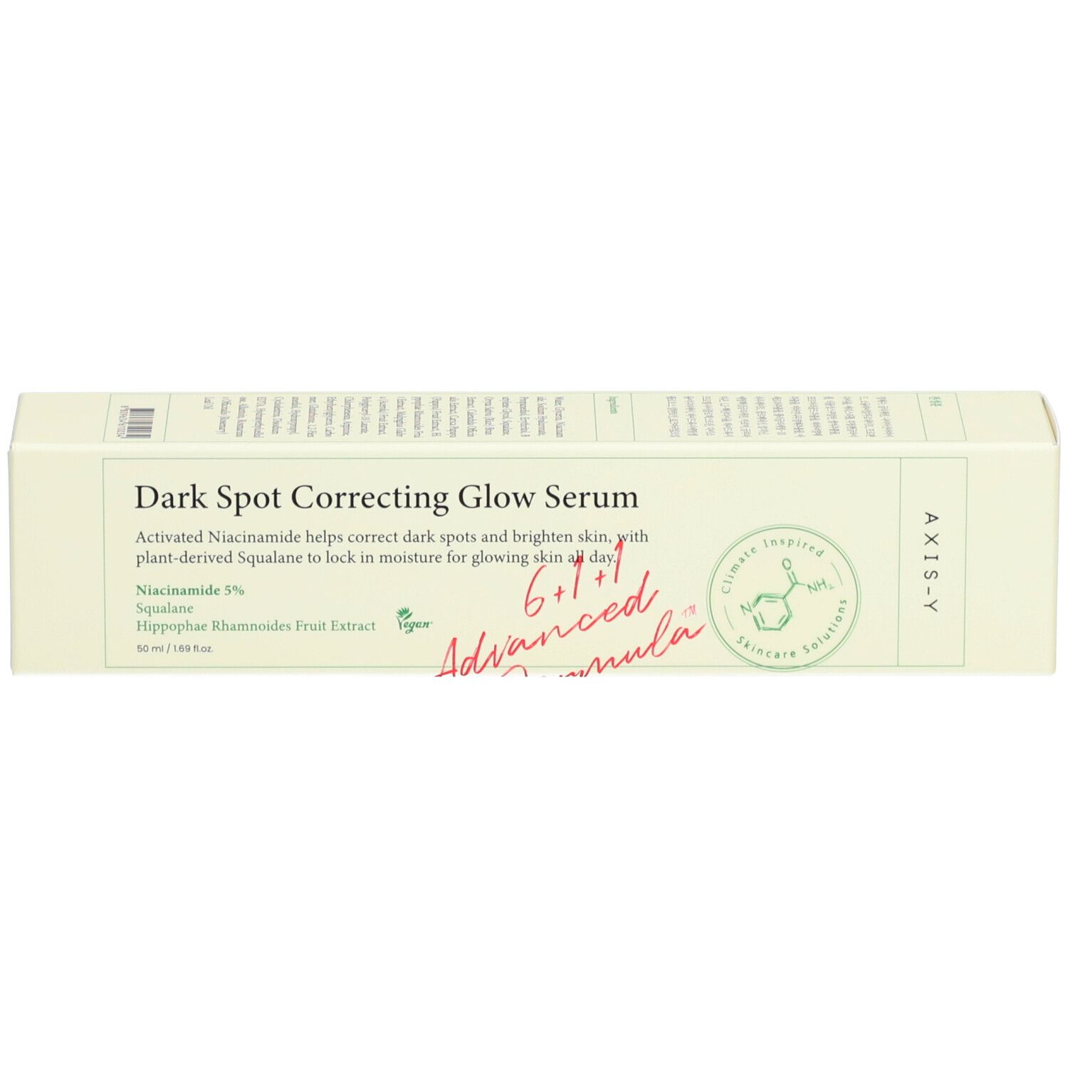 Beige productverpakking met tekst. Opschrift: Dark Spot Correcting Glow Serum. Merk: AXIS-Y. Bevat informatie over ingrediënten en certificeringen.