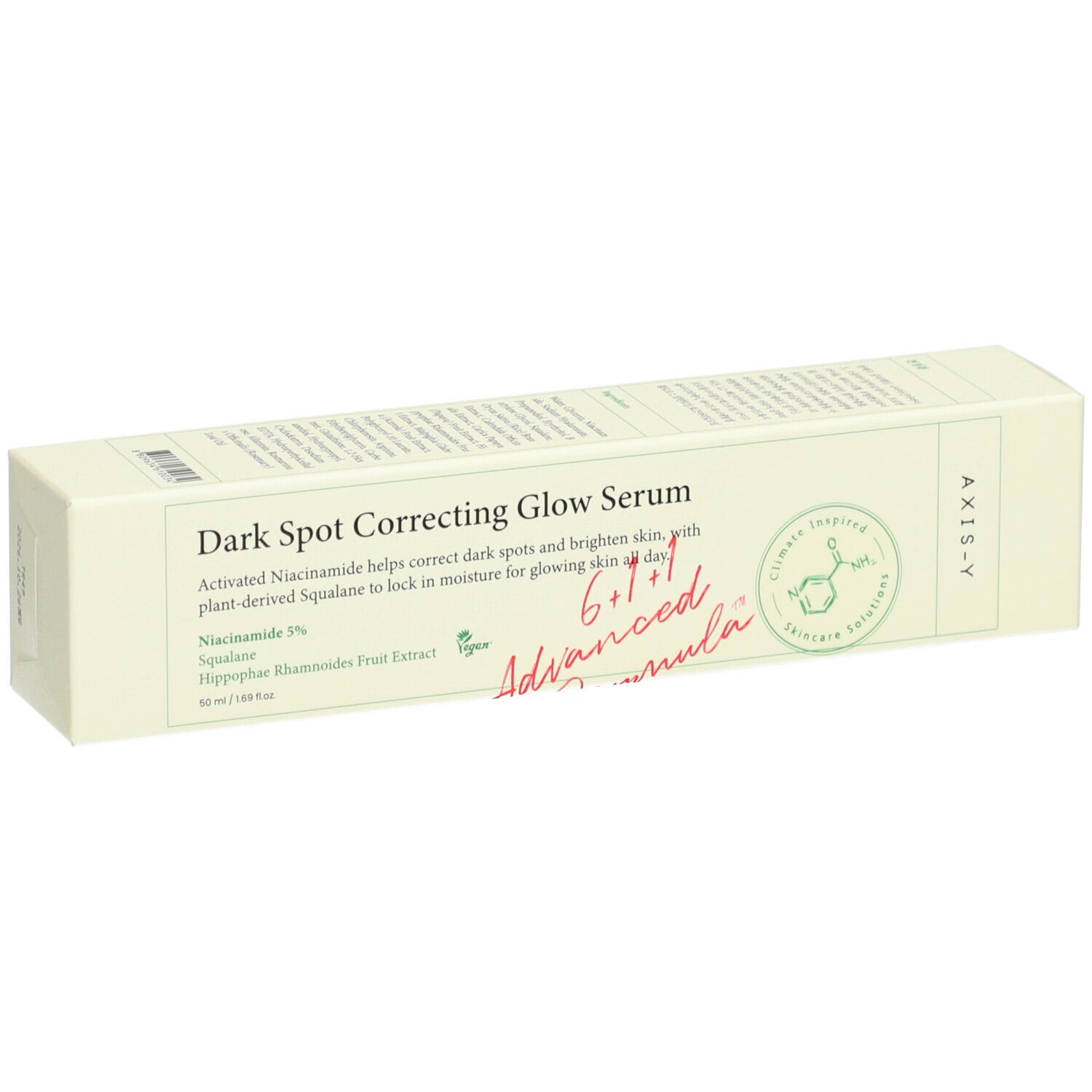 Beige productverpakking met tekst. Opschrift: Dark Spot Correcting Glow Serum. Merk: AXIS-Y. Bevat informatie over ingrediënten en certificeringen.