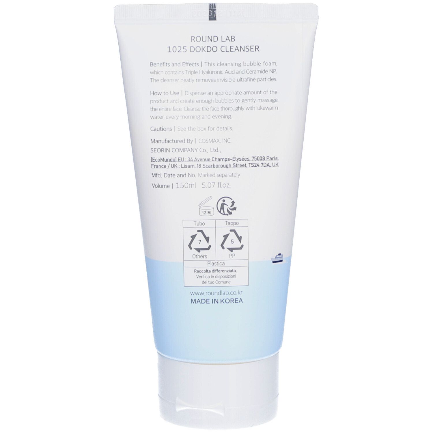 Dos du tube. Texte avec informations produit et symboles de recyclage.