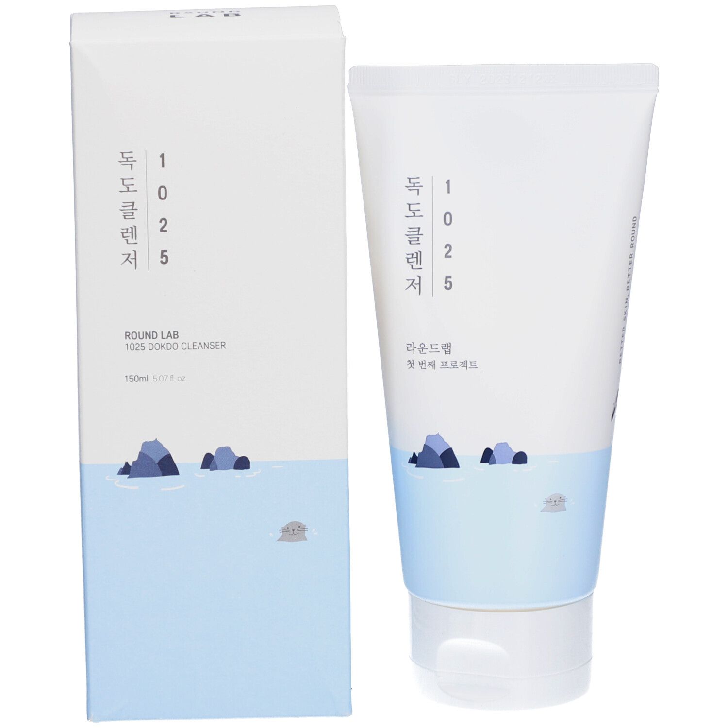 Emballage du produit avec tube et boîte. Les deux avec graphiques bleus et texte.