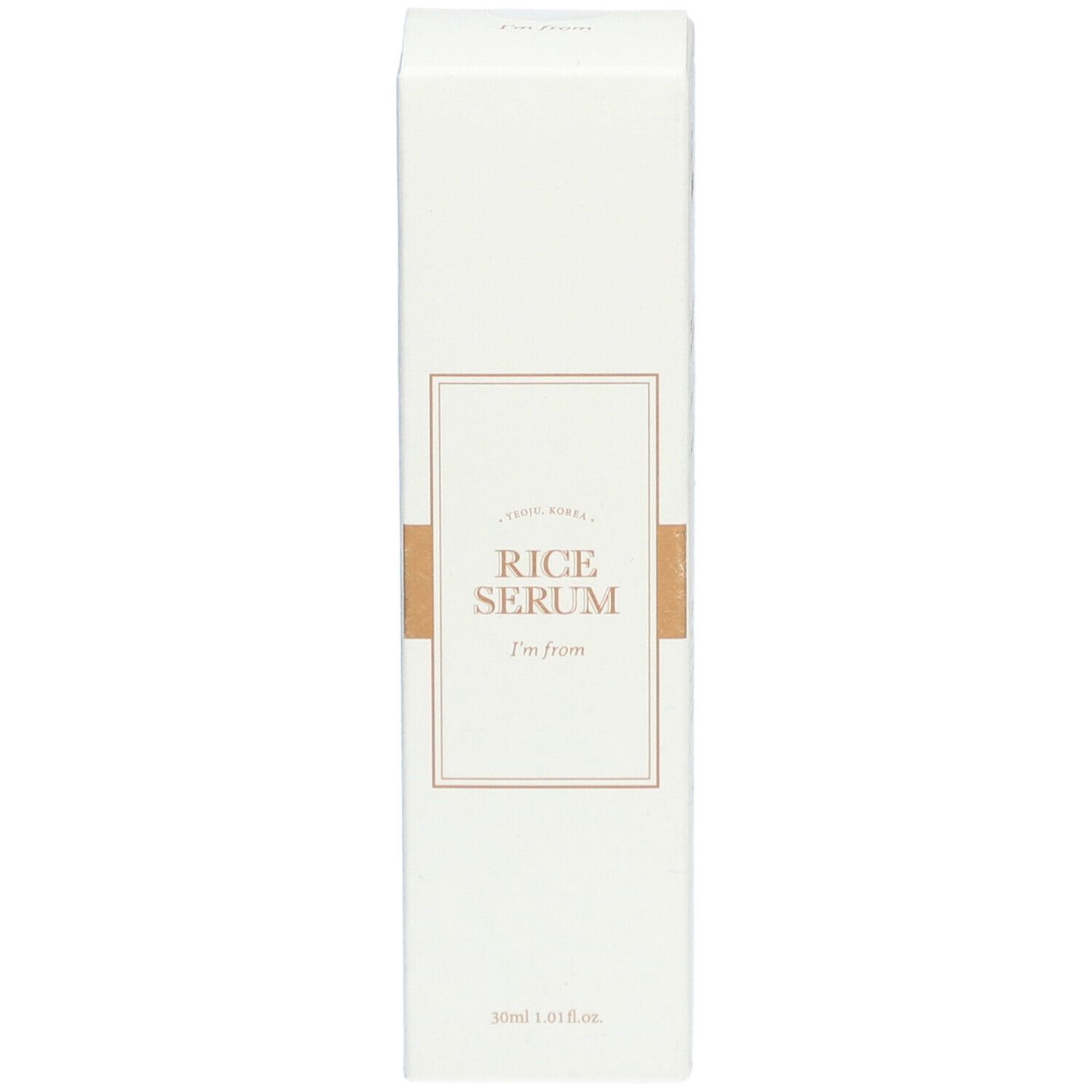 Emballage blanc avec informations produit. Texte: Rice Serum, I'm from. 30ml.