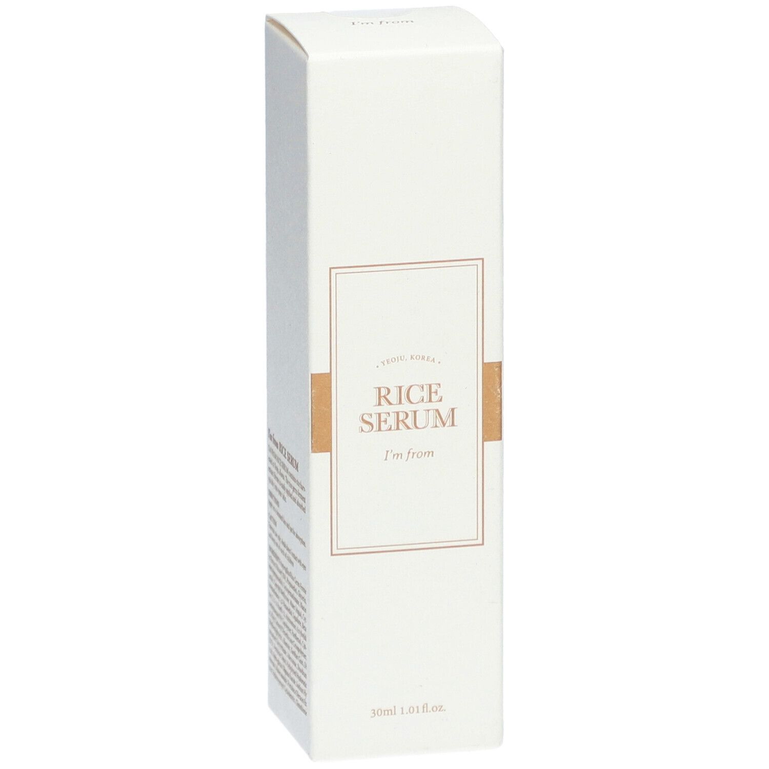 Emballage blanc avec informations produit. Texte: Rice Serum, I'm from. 30ml.