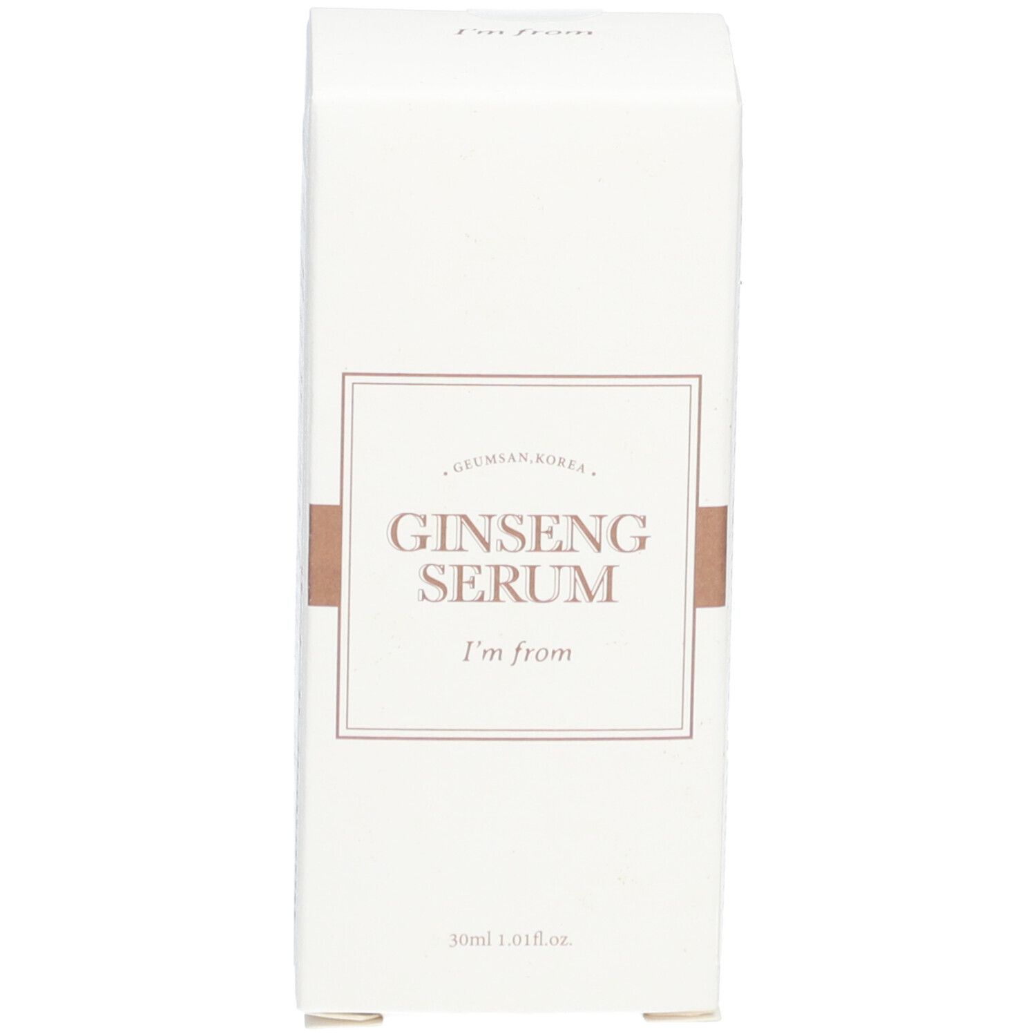 Witte doos met de tekst "Ginseng Serum" en "I'm from". Onderaan staat "30ml 1.01 fl.oz".