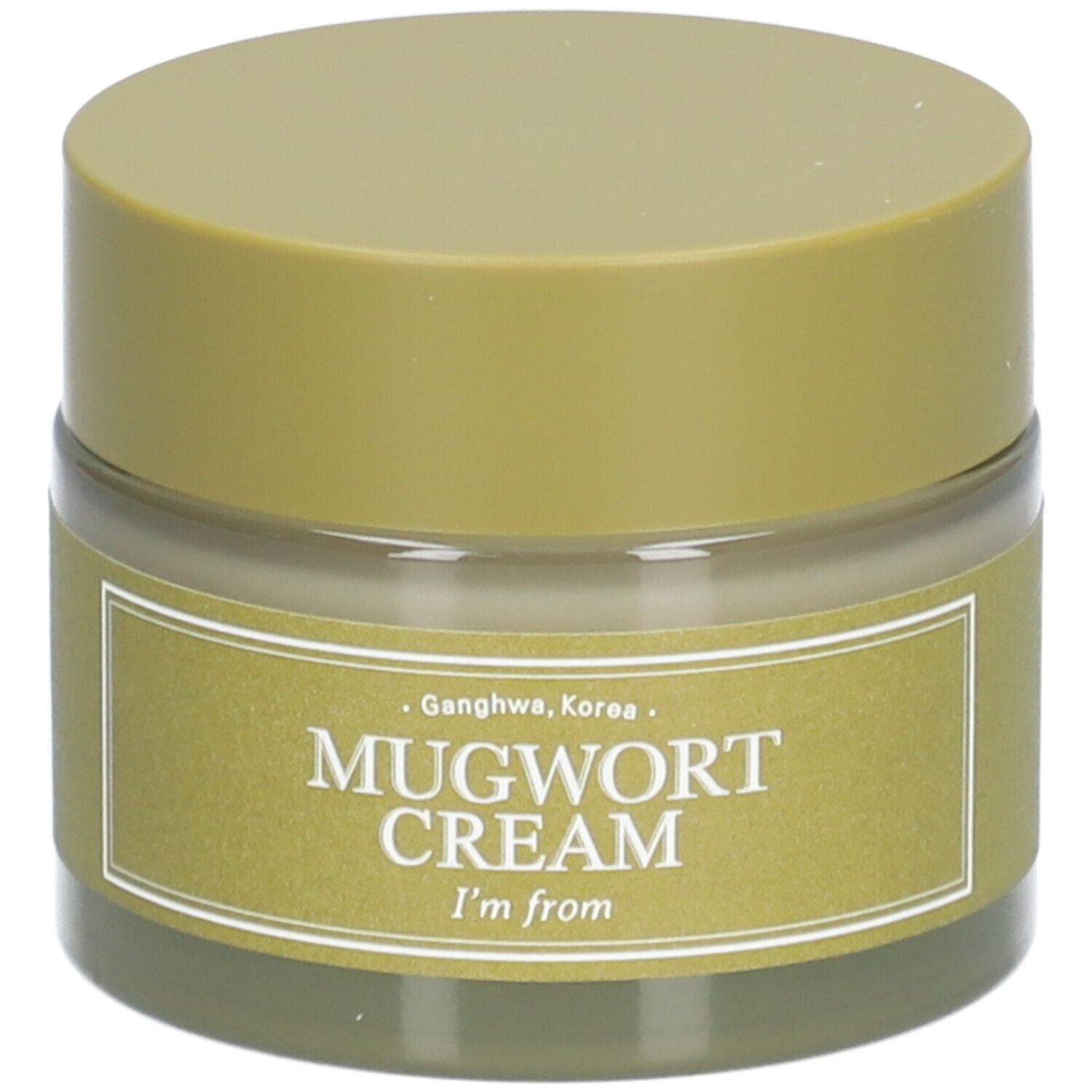 Crèmepot met deksel. Het etiket toont "Mugwort Cream" en "I'm from".