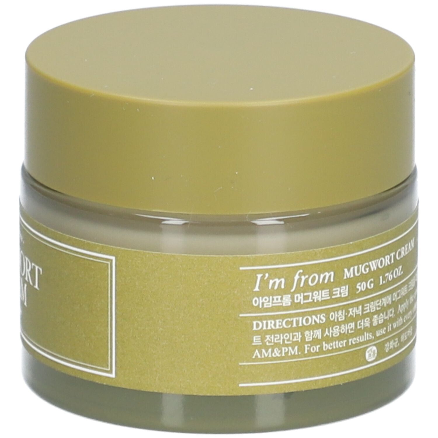 Crèmepot met deksel. Het etiket toont "Mugwort Cream" en "I'm from".