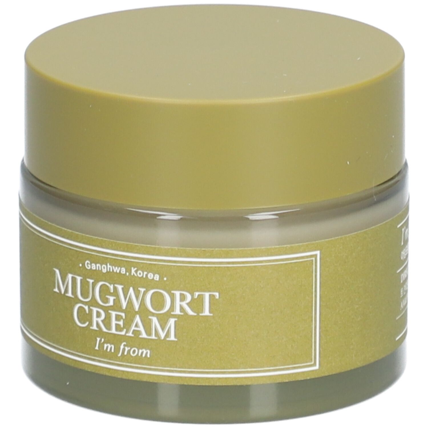 Crèmepot met deksel. Het etiket toont "Mugwort Cream" en "I'm from".