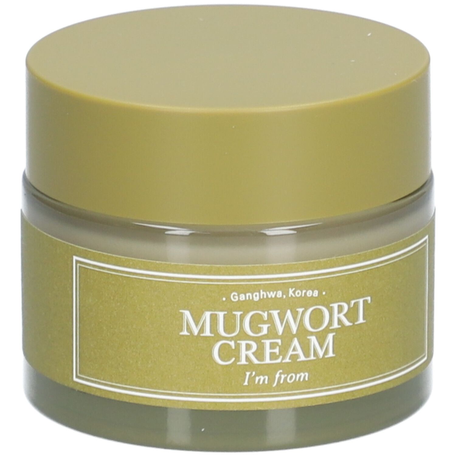 Crèmepot met deksel. Het etiket toont "Mugwort Cream" en "I'm from".