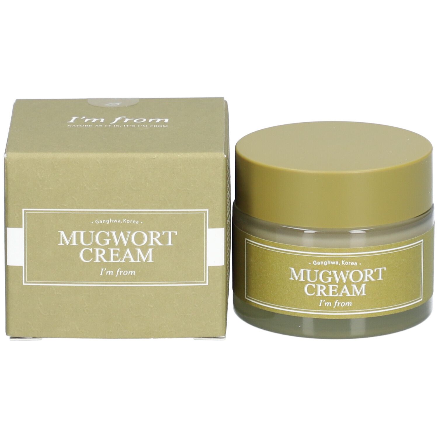 Crèmepot en doos. Op de pot en doos staat "Mugwort Cream" en "I'm from".