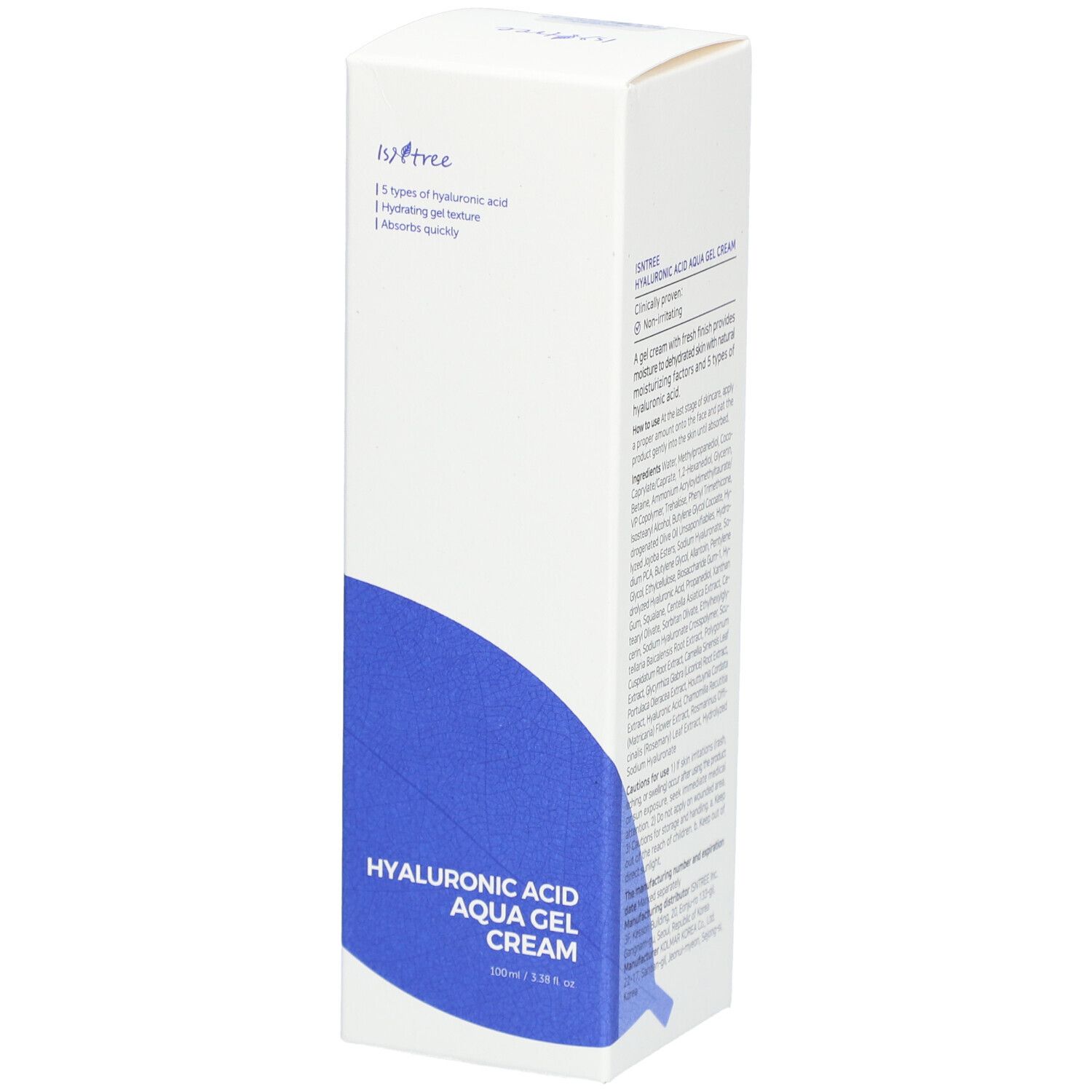 Witte verpakking met blauw ontwerp. Opschrift: Hyaluronic Acid Aqua Gel Cream. Merk Isntree.