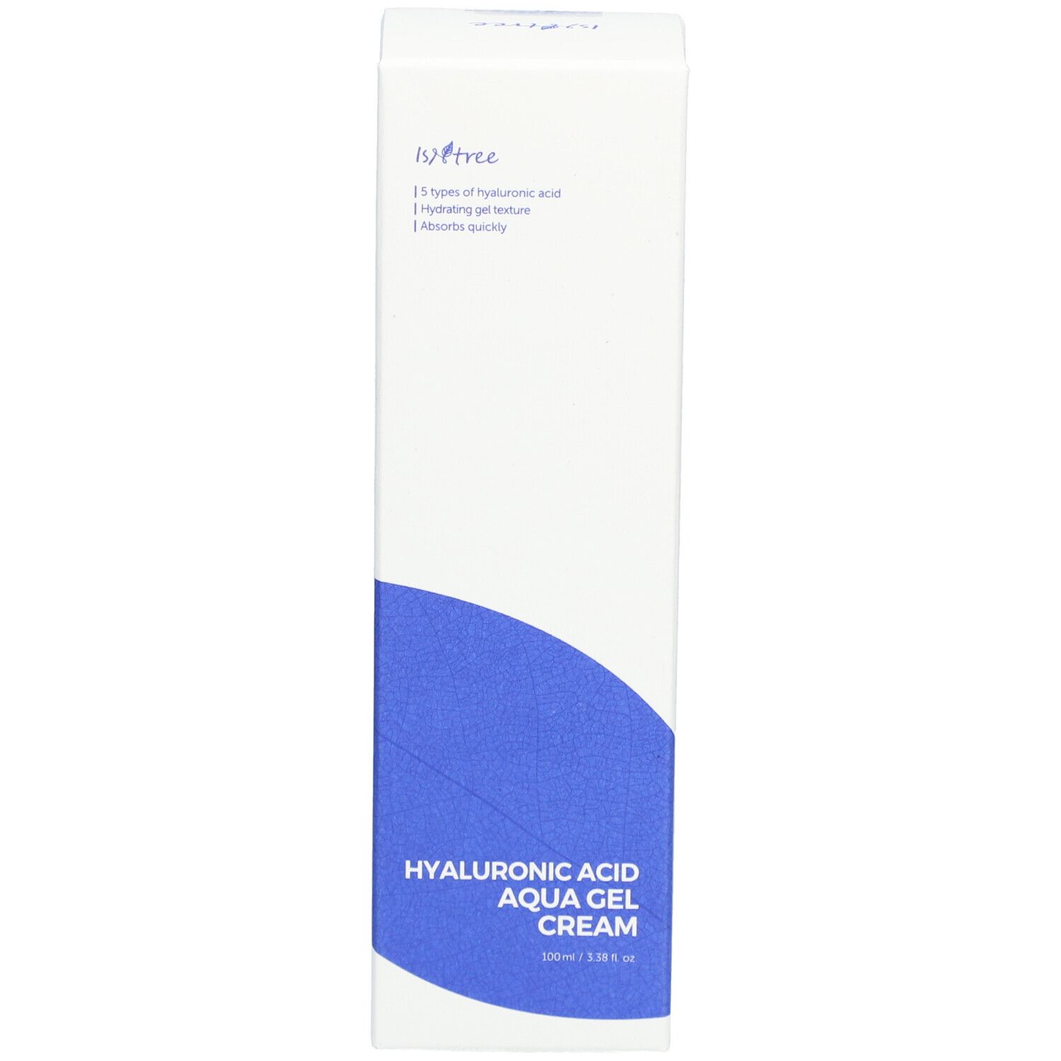 Witte verpakking met blauw ontwerp. Opschrift: Hyaluronic Acid Aqua Gel Cream. Merk Isntree.