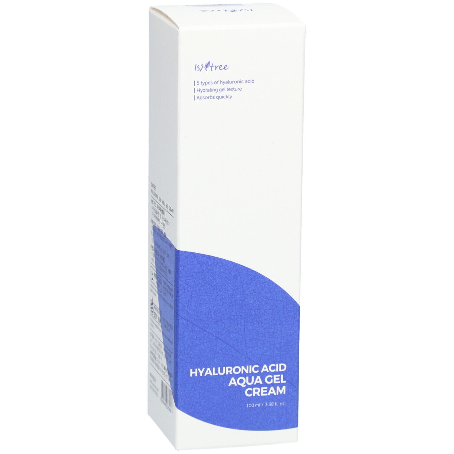 Witte verpakking met blauw ontwerp. Opschrift: Hyaluronic Acid Aqua Gel Cream. Merk Isntree.