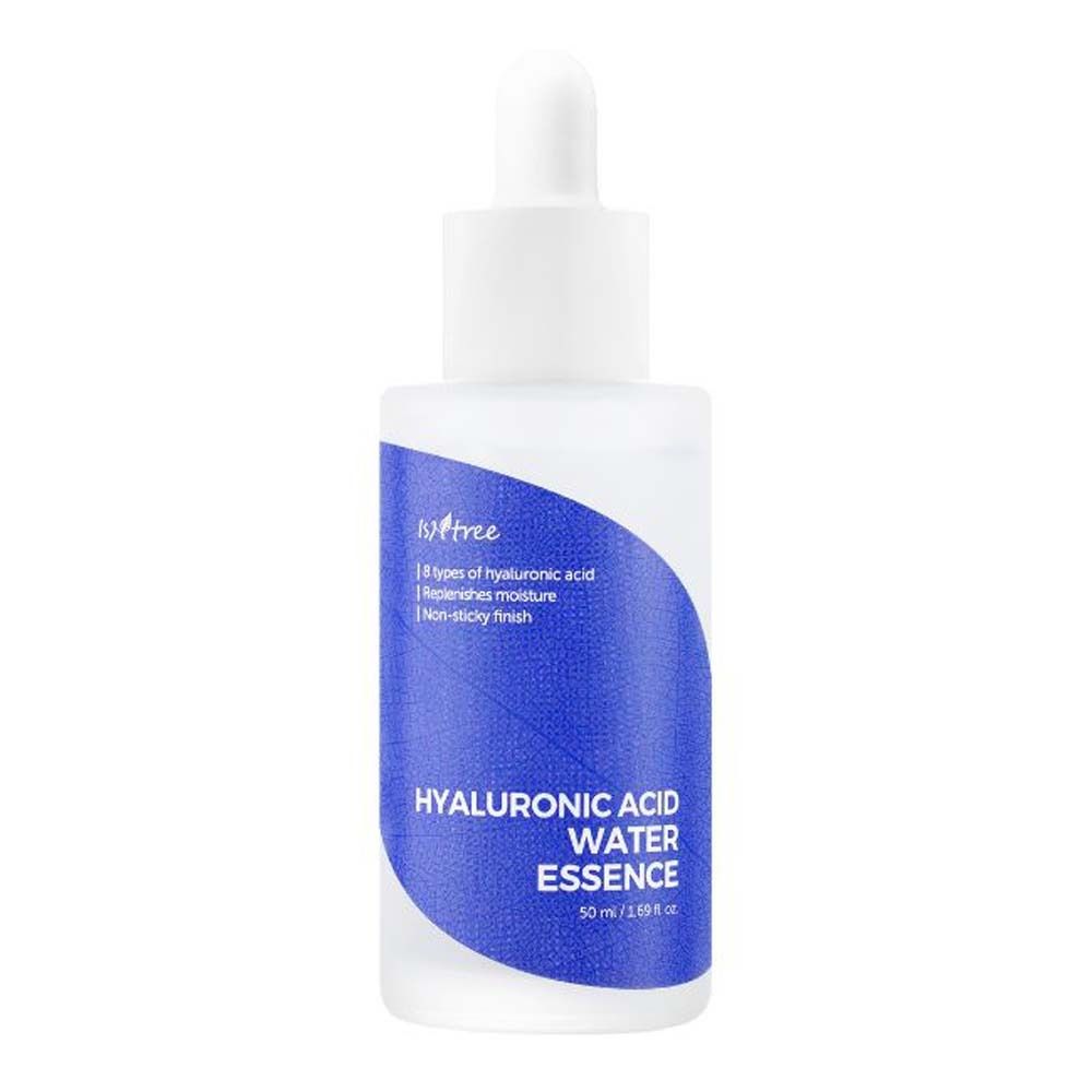 Isntree Hyaluronic Acid Water Essence. Flacon avec pipette. Étiquette bleue avec nom et description du produit.