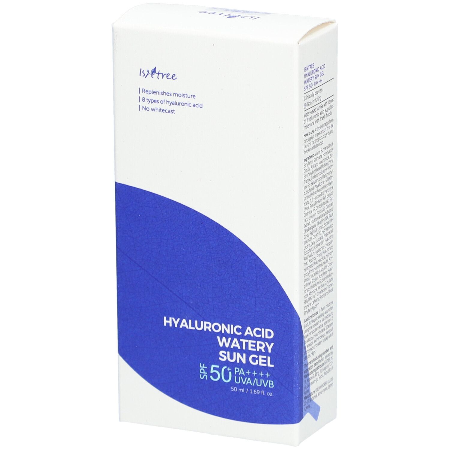 Witte doos met blauw vlak. Opschrift: Hyaluronic Acid Watery Sun Gel SPF50+ PA++++. Merk Isntree.