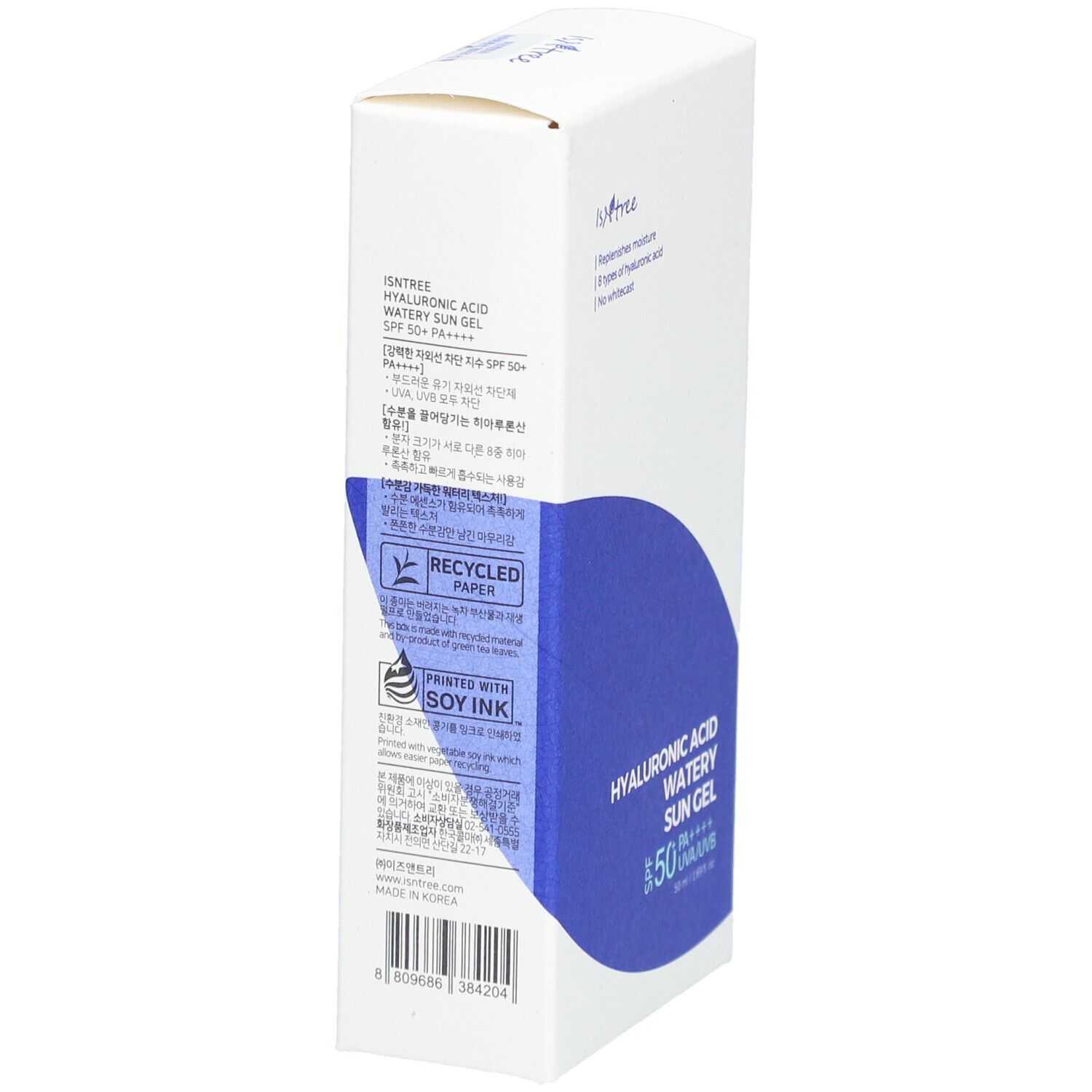 Witte doos met blauw vlak. Opschrift: Hyaluronic Acid Watery Sun Gel SPF50+ PA++++. Merk Isntree. Tekst achterkant.
