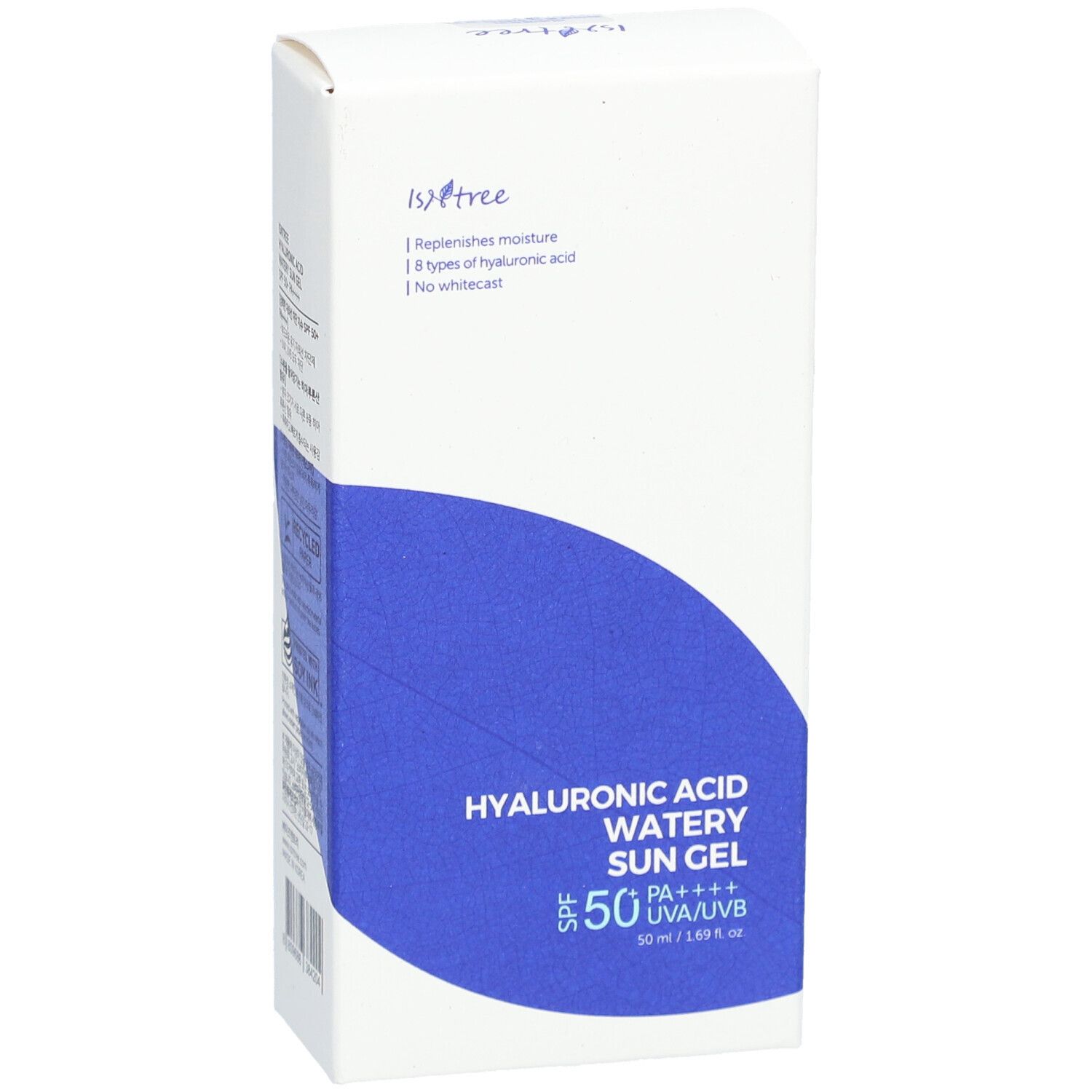 Witte doos met blauw vlak. Opschrift: Hyaluronic Acid Watery Sun Gel SPF50+ PA++++. Merk Isntree.