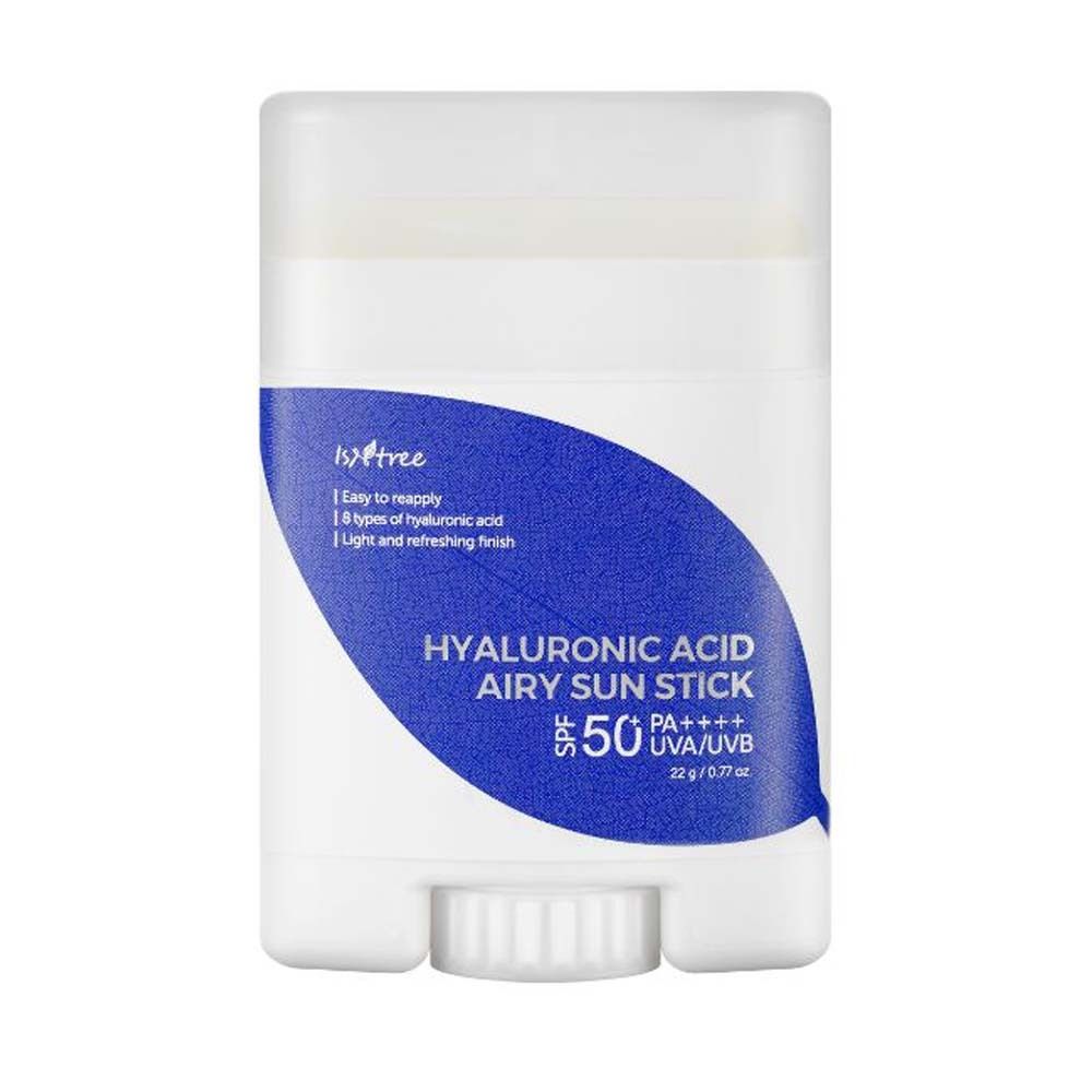 Witte stick met blauwe sticker. Tekst: Hyaluronic Acid Airy Sun Stick SPF50+ PA++++. 22g/0.77 oz.