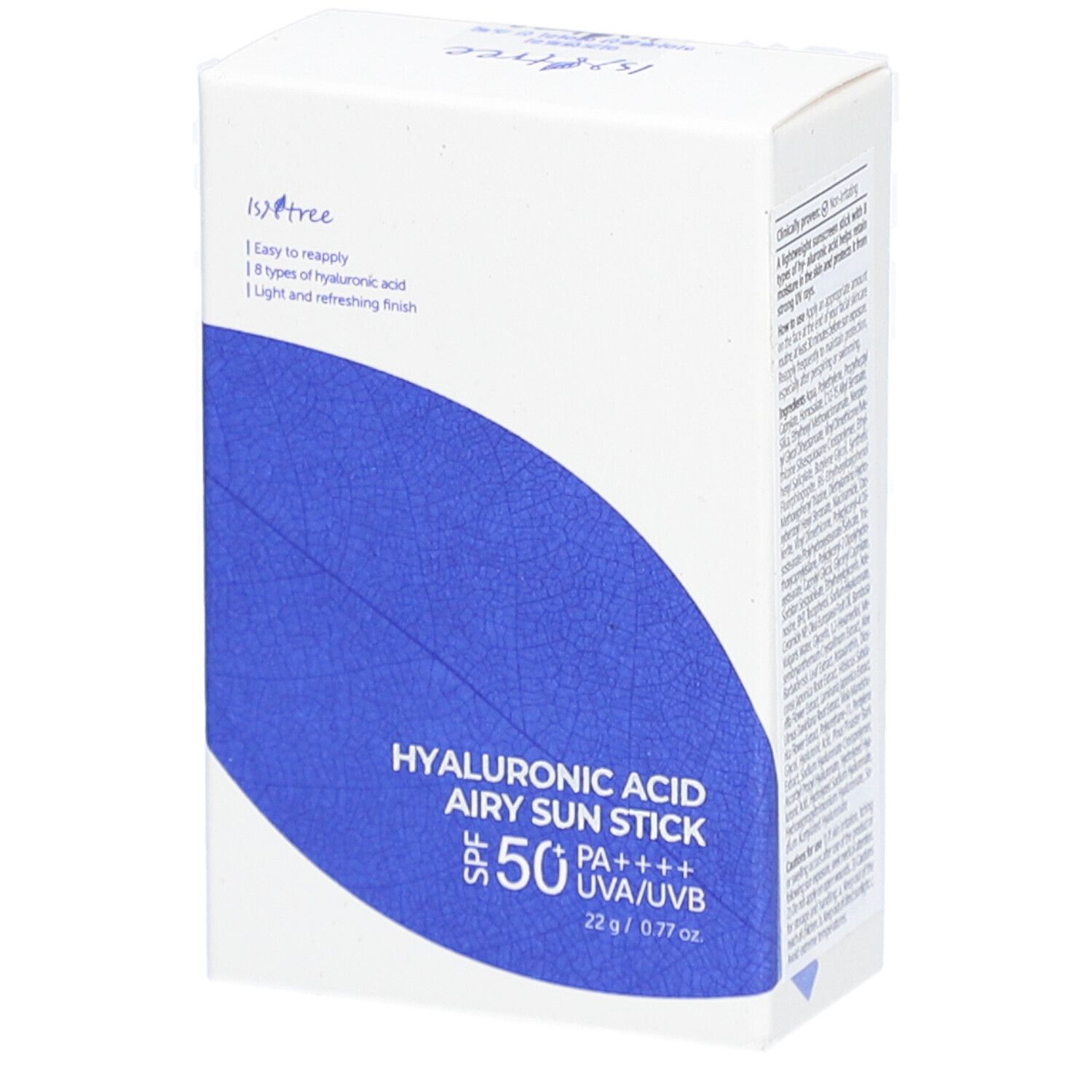 Witte doos met blauwe sticker. Tekst: Hyaluronic Acid Airy Sun Stick SPF50+ PA++++. 22g/0.77 oz.