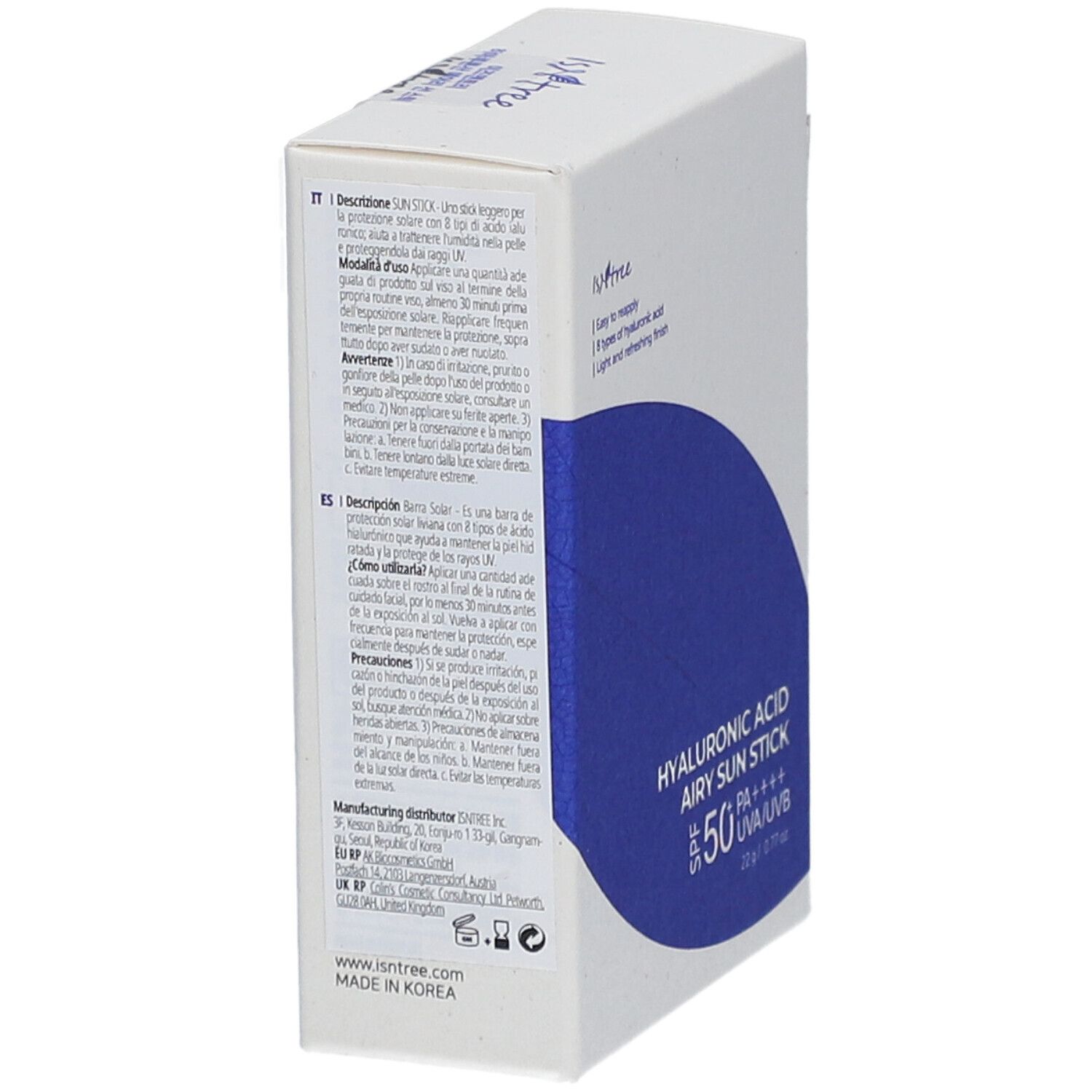 Doos met tekst en informatie in verschillende talen. Tekst: Hyaluronic Acid Airy Sun Stick SPF50+ PA++++.