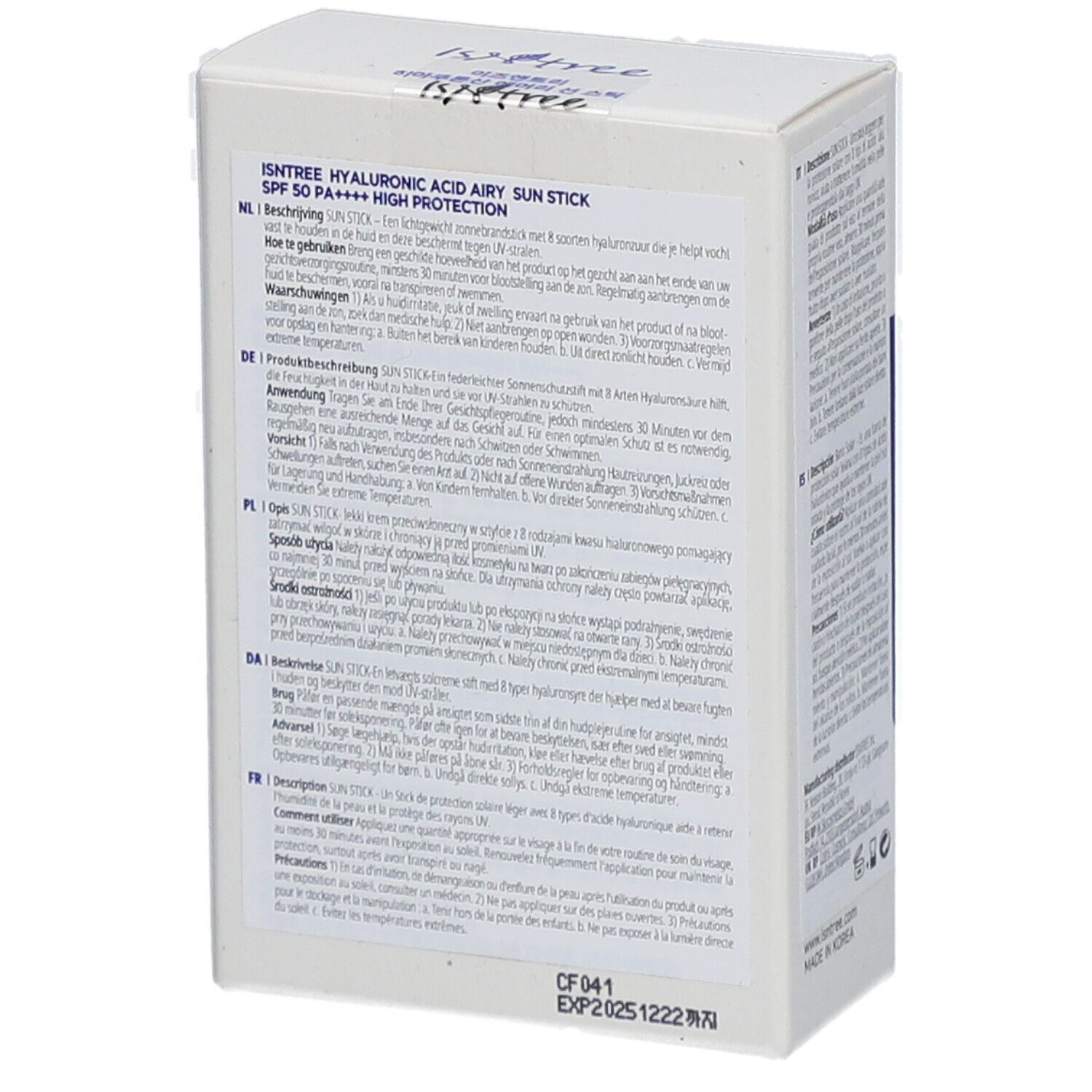 Doos met tekst en informatie in verschillende talen. Tekst: Hyaluronic Acid Airy Sun Stick SPF50+ PA++++.