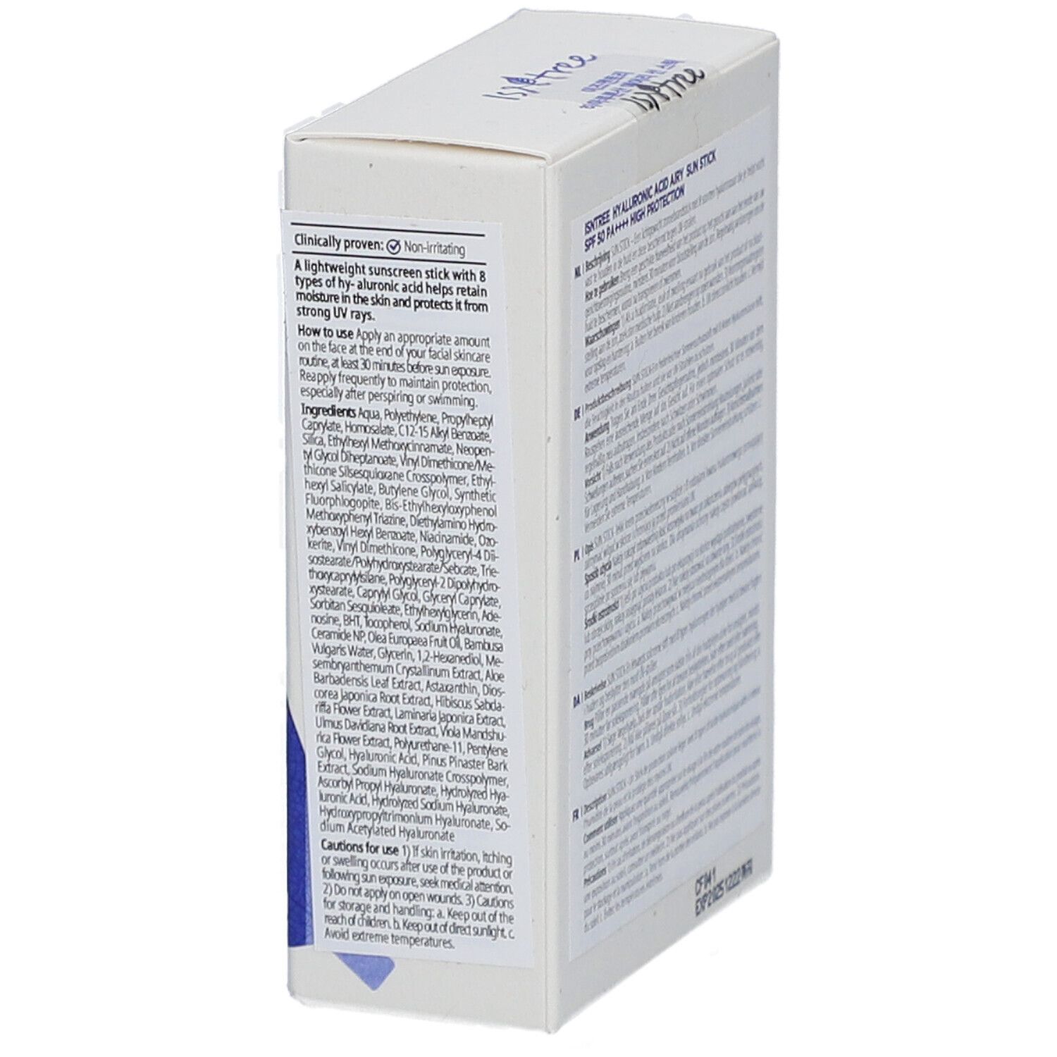 Doos met tekst en informatie in verschillende talen. Tekst: Hyaluronic Acid Airy Sun Stick SPF50+ PA++++.