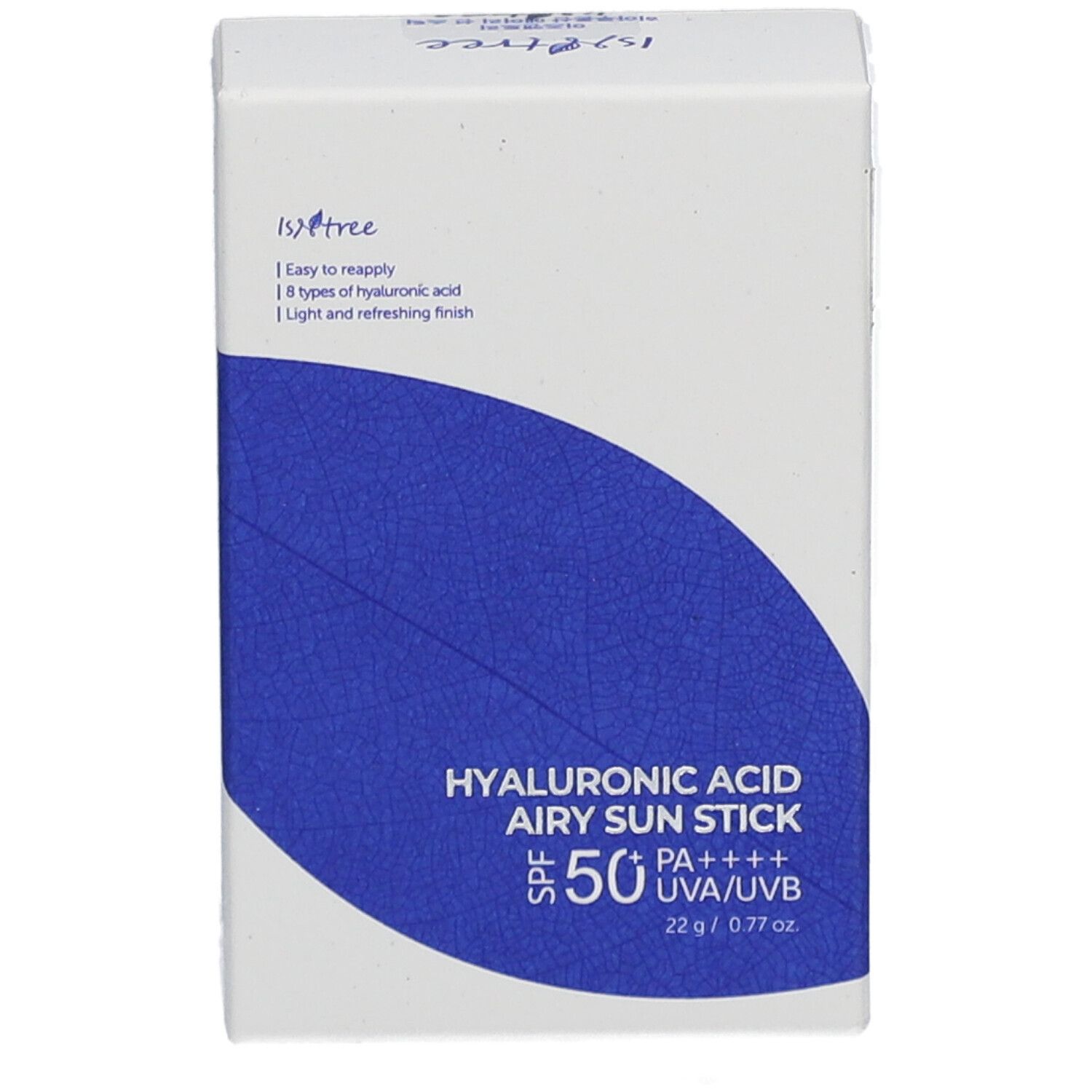 Witte doos met blauwe sticker. Tekst: Hyaluronic Acid Airy Sun Stick SPF50+ PA++++. 22g/0.77 oz.