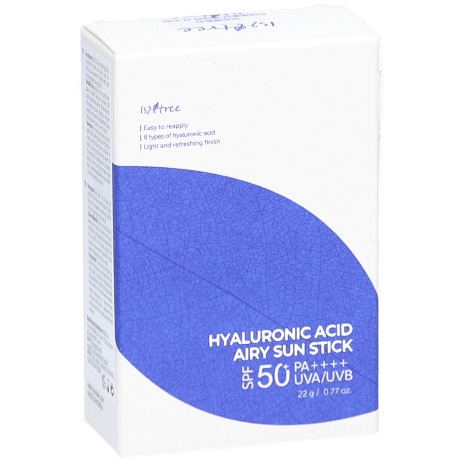 Witte doos met blauwe sticker. Tekst: Hyaluronic Acid Airy Sun Stick SPF50+ PA++++. 22g/0.77 oz.