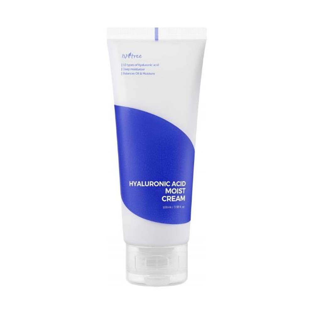 Witte tube met blauwe band. Opschrift: Hyaluronic Acid Moist Cream. Merk Isntree.
