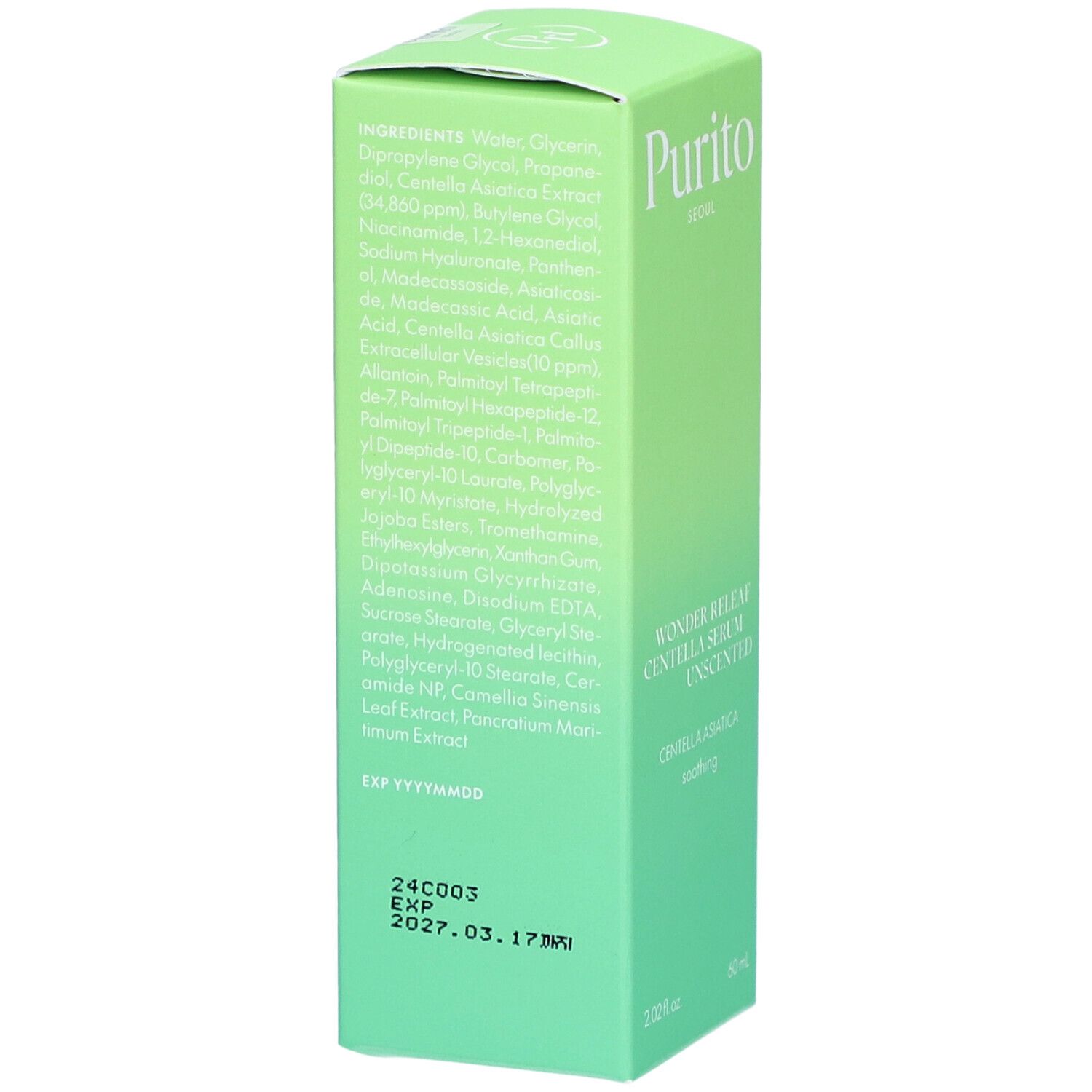 Groene doos met ingrediënten en productinformatie. Opschrift: Purito, Wonder Releaf Centella Serum Unscented. Vegan zegel.