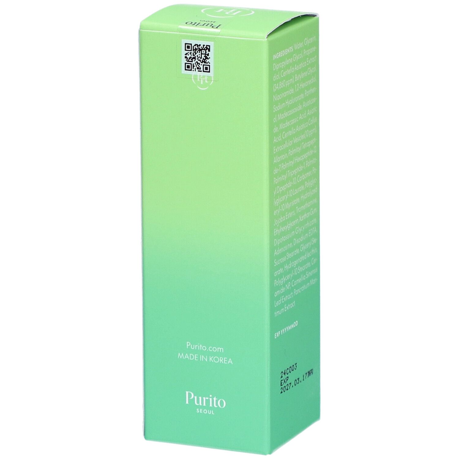 Groene doos met productinformatie. Opschrift: Purito, Made in Korea. QR-code. Vegan zegel.