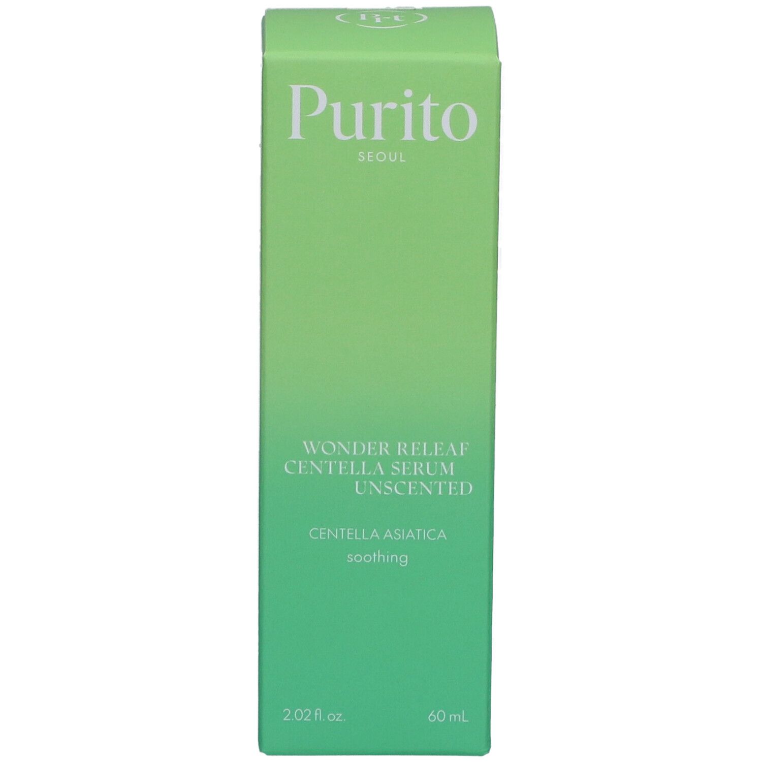 Groene doos met productinformatie. Opschrift: Purito, Wonder Releaf Centella Serum Unscented. Vegan zegel.
