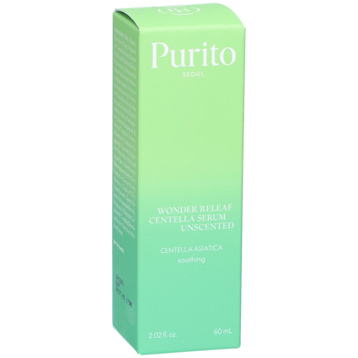 Groene doos met productinformatie. Opschrift: Purito, Wonder Releaf Centella Serum Unscented. Vegan zegel.