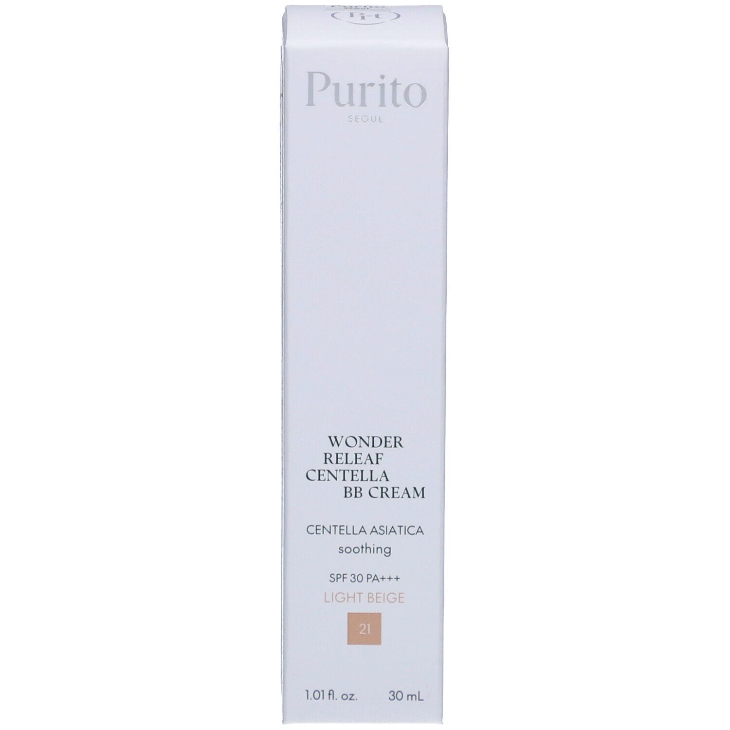 Emballage du produit. Texte : Cica Clearing BB Cream, #21 Light Beige. Marque : Purito. 30 ml/1.0 fl.oz.