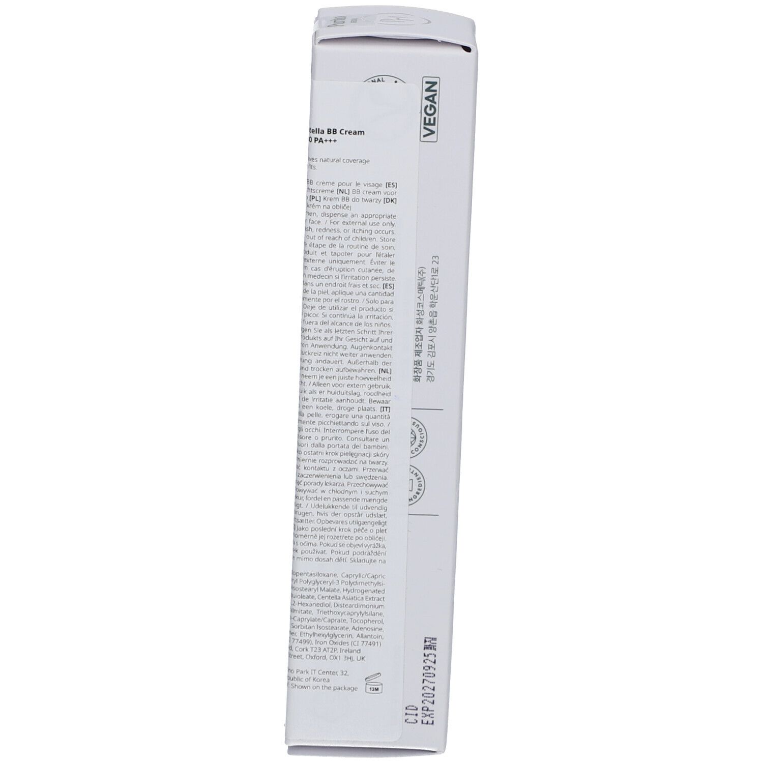 Emballage du produit, dos. Texte en coréen. Ingrédients, avertissements, instructions d'utilisation.