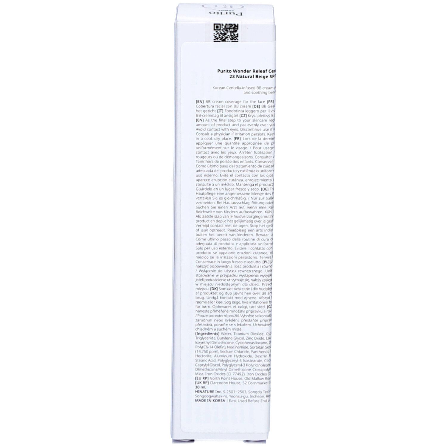 Boîte de Cica Clearing BB Cream. Dos. Texte coréen. Code-barres. Adresse du site web : purito.co.kr. 30 ml / 1.0 fl oz.