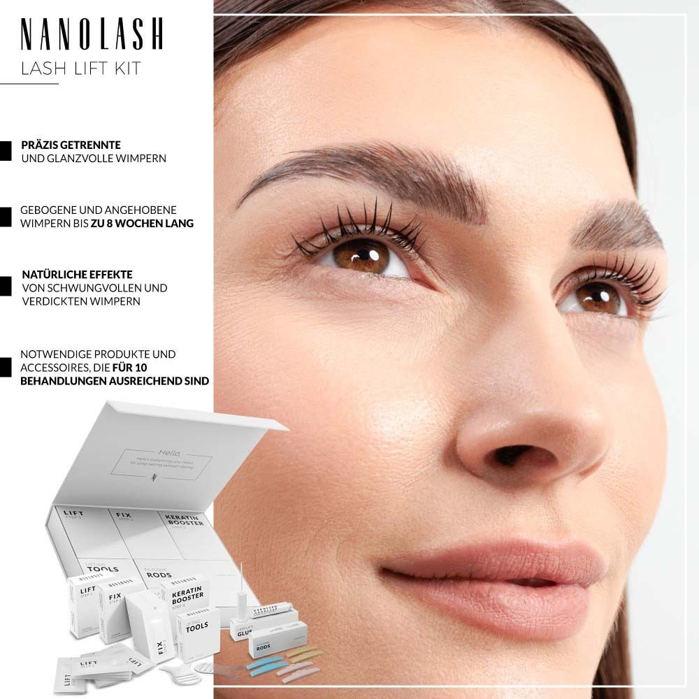 Gros plan d'un visage. NANOLASH® Lash Lift Kit. Texte: Effets naturels de cils recourbés et épaissis.