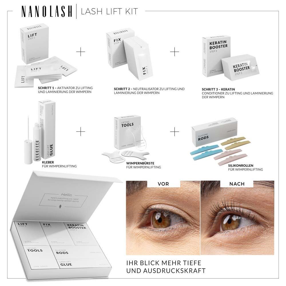 Ingrédients du kit. NANOLASH® Lash Lift Kit. Boîtes avec produits et accessoires. Comparaison avant-après.