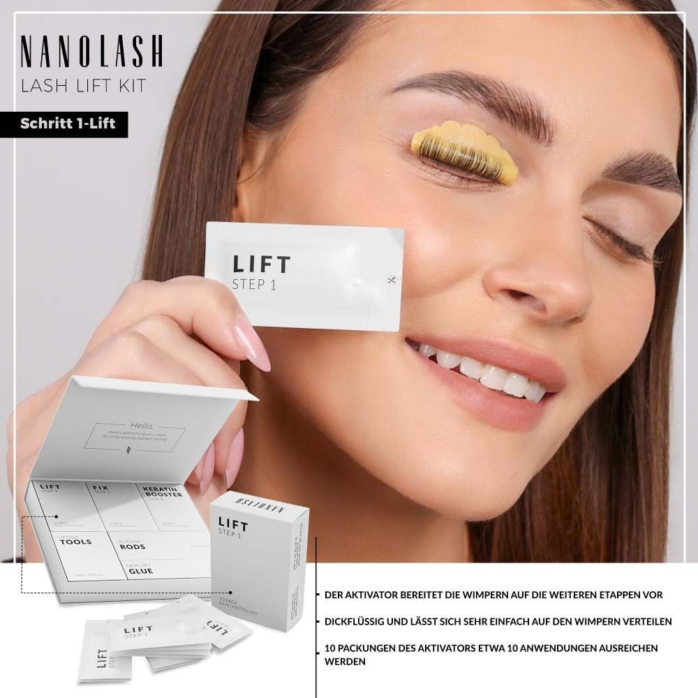Femme tenant un sachet "LIFT STEP 1". NANOLASH Lash Lift Kit. Autres produits.