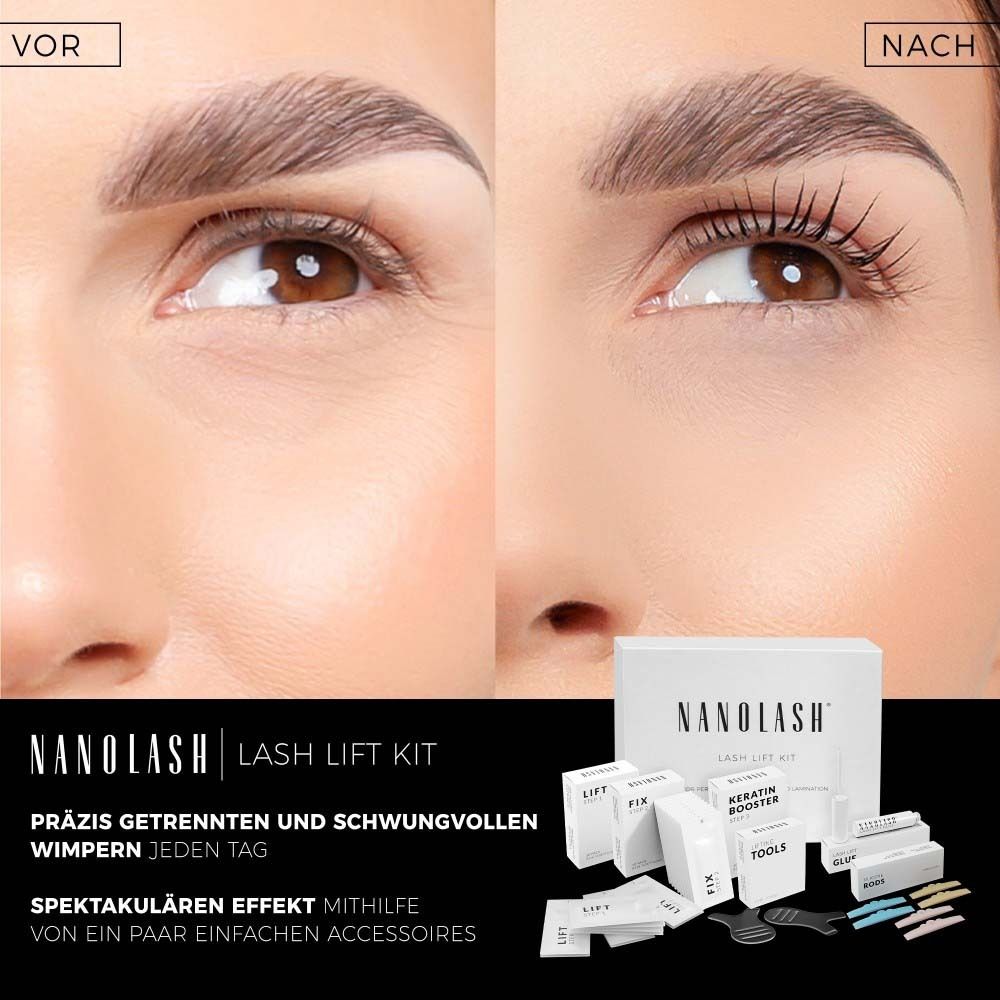 Comparaison avant-après des yeux avec des cils. Texte : NANOLASH LASH LIFT KIT.